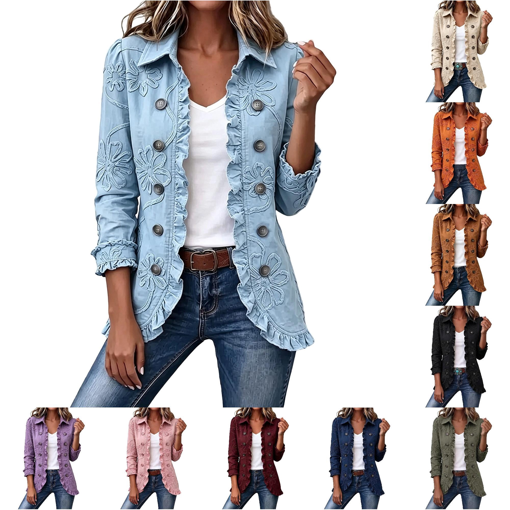 Ruffle Button Jacket Norvella Womens Floral Applique Jacket Button Front Collared Long ...