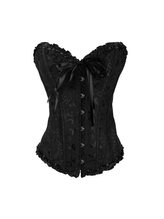 Womens Floral Corset Strapless Sweetheart Neck Front Busk Bustier Lace Bow Accent Fitted Bodice Bridal
