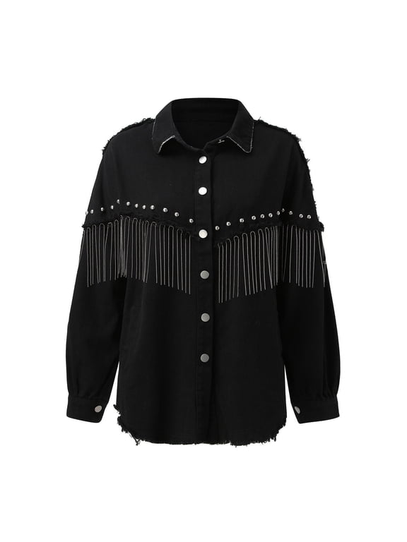 Womens Fringe Denim Jacket Button Front Collared Long Sleeve Studded Chain Tassel Western Coat Casual Cropped Blazer