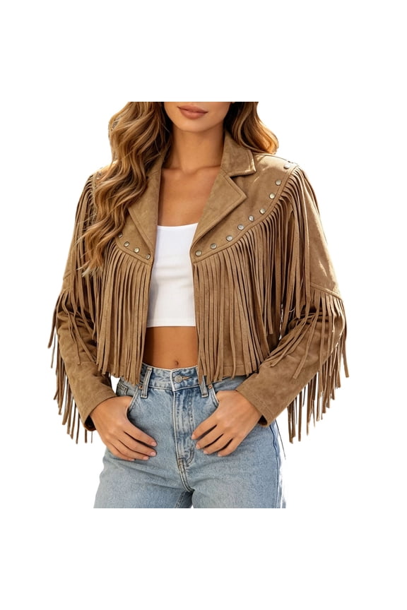 Womens Fringe Moto Jacket Notch Neck Long Sleeve Stud Detail Biker Coat Cropped Length Fitted Silhouette Casual Top