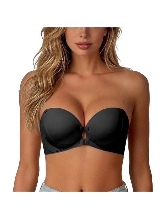 Womens Front Closure Bra Strapless Molded Cups Center Cutout Underwire Brassiere Solid Sweetheart Neckline Everyday Intimates