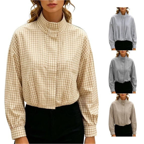 Norvella Womens Gingham Bomber Jacket Cropped Zip Up Stand Collar Long Sleeve Elastic Hem Relaxed Fit Casual Lightweight Coat