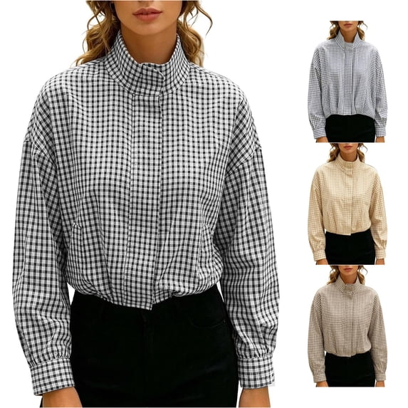 Norvella Womens Gingham Bomber Jacket Stand Collar Long Sleeve Zip Up Elastic Hem Relaxed Fit With Pockets Casual Fall Coat