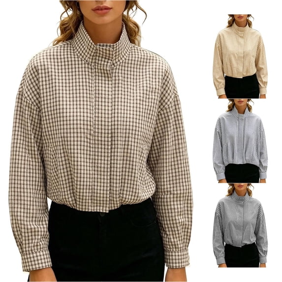 Norvella Womens Gingham Bomber Jacket Stand Collar Long Sleeve Zip Up Elastic Hem Relaxed Fit With Pockets Casual Fall Coat