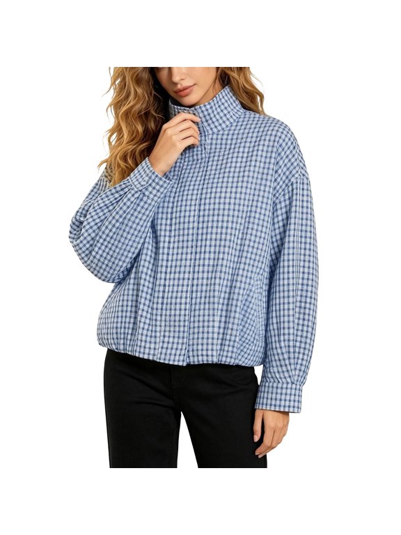 Womens Gingham Casual Coat Stand Collar Long Sleeve Zip Front Jacket Drop Shoulder Loose Fit Fall Layering Outerwear