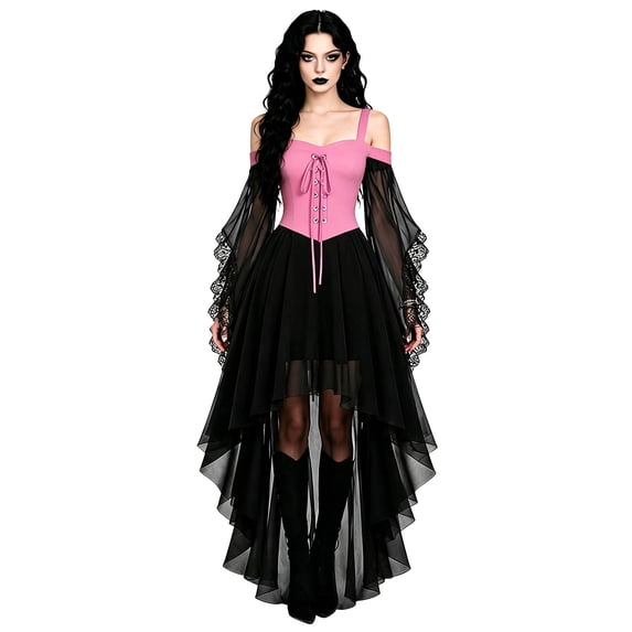 Norvella Womens Gothic Dress Lace Up Front Off Shoulder Long Bell ...