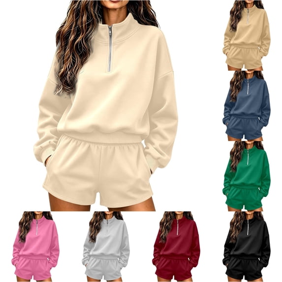 Norvella Womens Half Zip 2 Piece Shorts Set Long Sleeve Pullover Top Elastic Waist Bottoms With Pockets Matching Casual Sweatsuit
