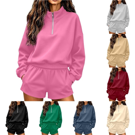 Norvella Womens Half Zip 2 Piece Shorts Set Long Sleeve Pullover Top Elastic Waist Bottoms With Pockets Matching Casual Sweatsuit