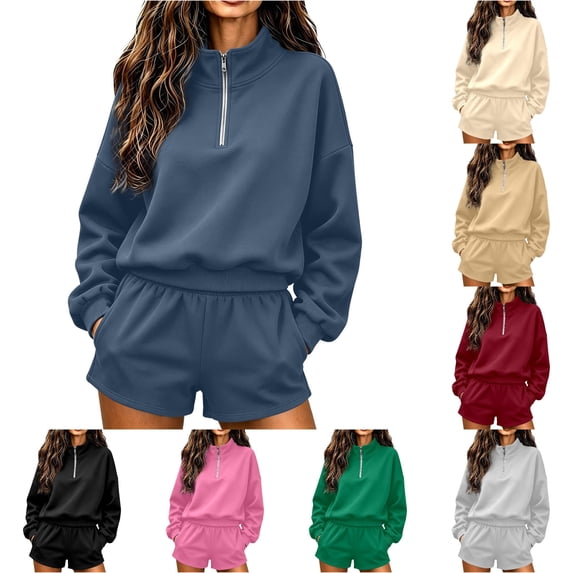 Norvella Womens Half Zip 2 Piece Shorts Set Long Sleeve Pullover Top Elastic Waist Bottoms With Pockets Matching Casual Sweatsuit