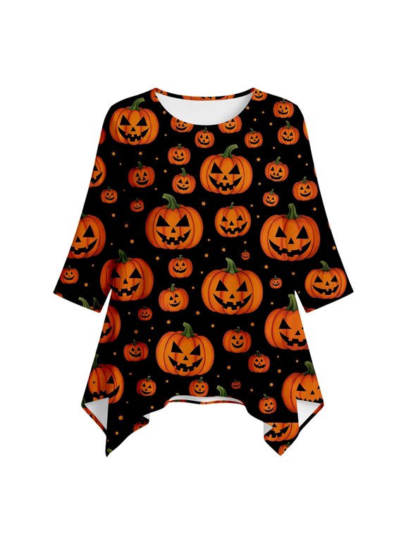 Womens Halloween Blouse Jack O Lantern Stars 3/4 Sleeve Round Neck Tunic Mixed Size Pattern Flared Asymmetric Hem Party Top