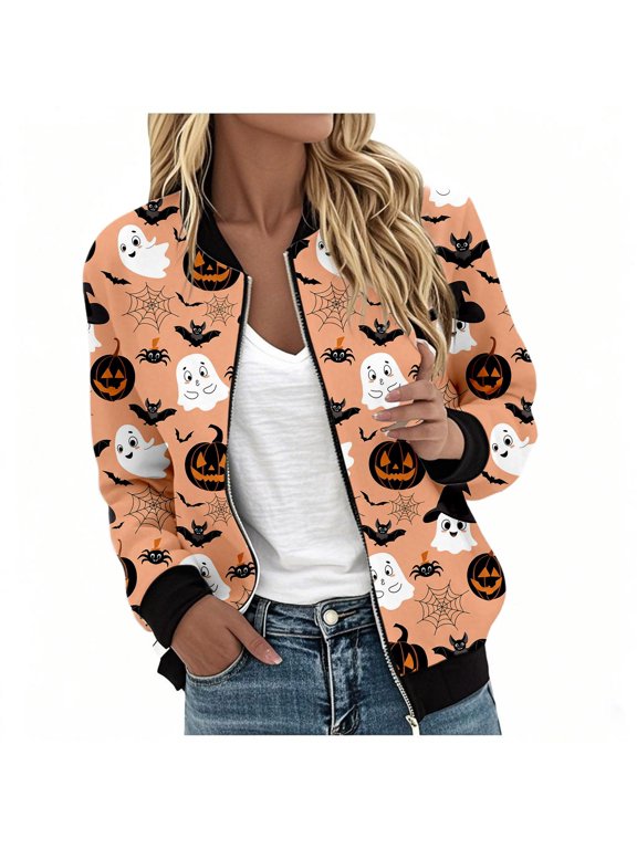 Womens Halloween Bomber Ghost Spiderweb Graphic Zip Front Coat Long Sleeves Bat Detail Contrast Casual Jacket
