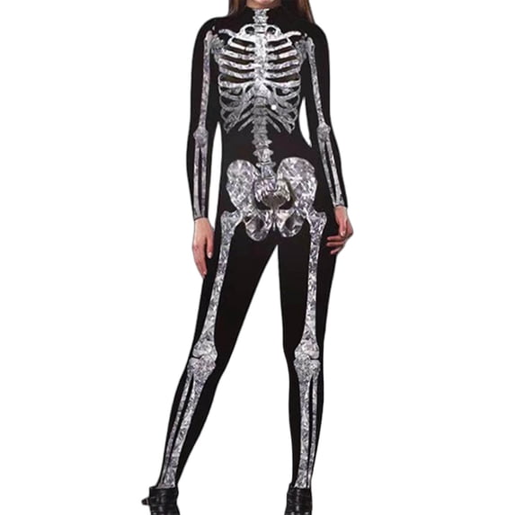 Norvella Womens Halloween Costume Jumpsuits Skeleton Print Crewneck Long Sleeve Cosplay Bodysuits Dress Up Party Outfits