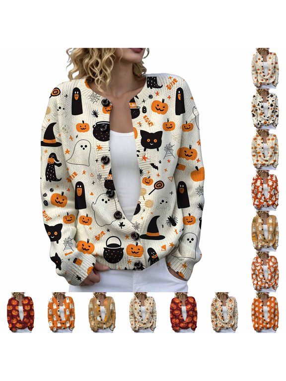 Womens Halloween Graphic Cardigans Crewneck Long Sleeve Button Front Cat Pumpkin Print Knit Sweaters Fall Layering Tops