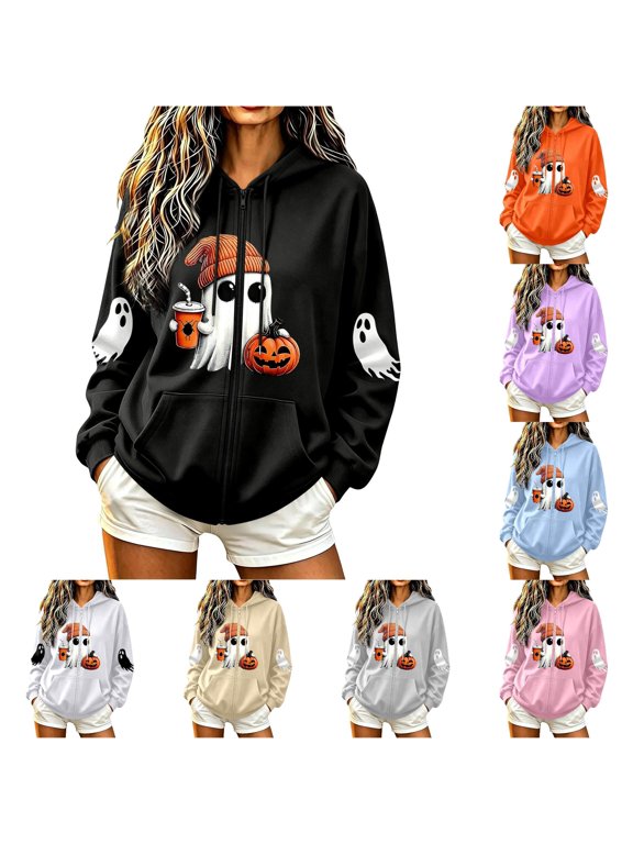 Womens Halloween Hoodies Ghost Coffee Cup Print Full Zip Long Sleeve Drawstring Hooded Sweatshirt Front Pockets Casual Jacket