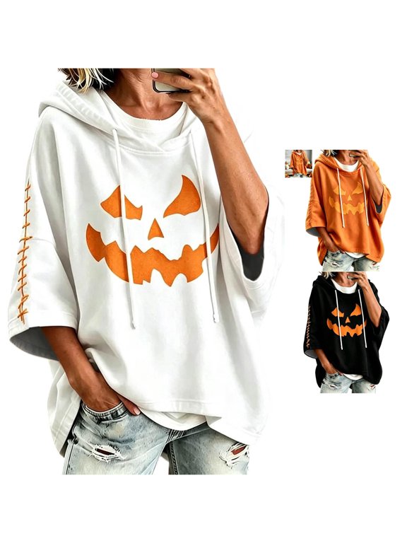 Womens Halloween Hoodies Jack O Lantern Face Graphic 3/4 Sleeve Drawstring Hooded Sweatshirt Loose Fit Casual Pullover Top