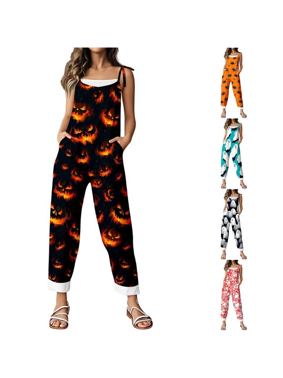 Womens Halloween Jumpsuits Jack O Lantern Print Crewneck Long Sleeve Loose Fit Casual One Piece Outfits Relaxed Costume Party Rompers