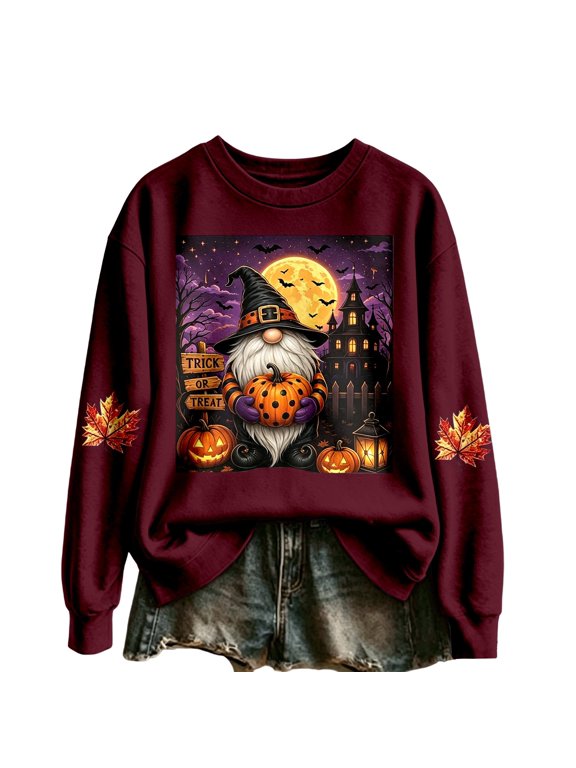 Womens Halloween Pullover Gnome Jack O Lantern Print Long Sleeve Sweatshirt Crew Neck Drop Shoulder Relaxed Fit Top