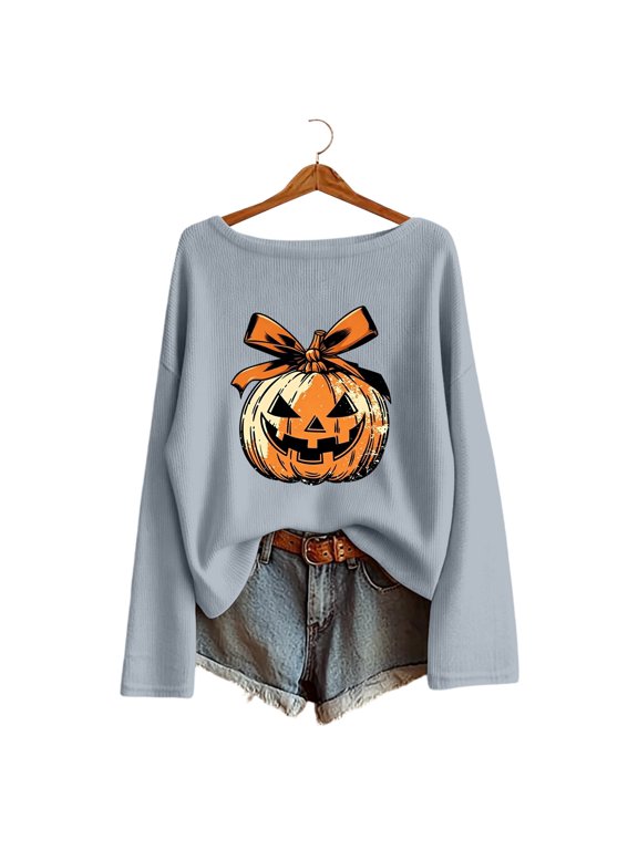 Womens Halloween Pullover Jack O Lantern Bow Graphic Sweater Wide Neckline Long Drop Sleeves Ribbed Edges Loose Casual Top