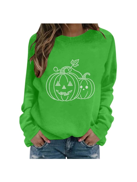 Womens Halloween Pullover Jack O Lantern Design Long Sleeve Crew Neck Sweatshirt Relaxed Silhouette Banded Cuffs Fall Top