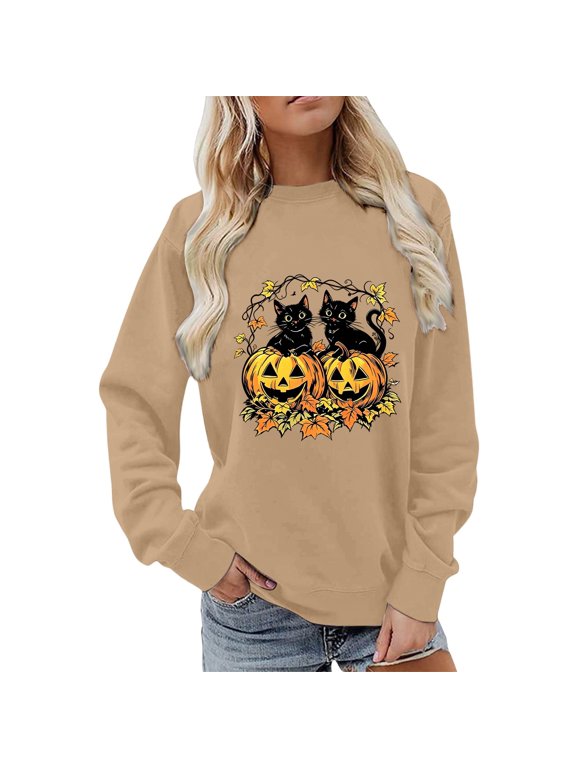 Womens Halloween Pullover Kittens Jack O Lantern Print Crew Neck Sweatshirt Long Sleeves Ribbed Hem Autumn Leaf Graphic Top