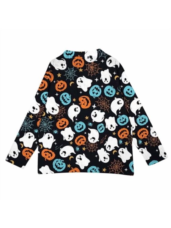 Womens Halloween Sweater Ghost Jack O Lantern Graphic Button Up Cardigan Crew Neck Long Sleeves Spiderweb Casual Top