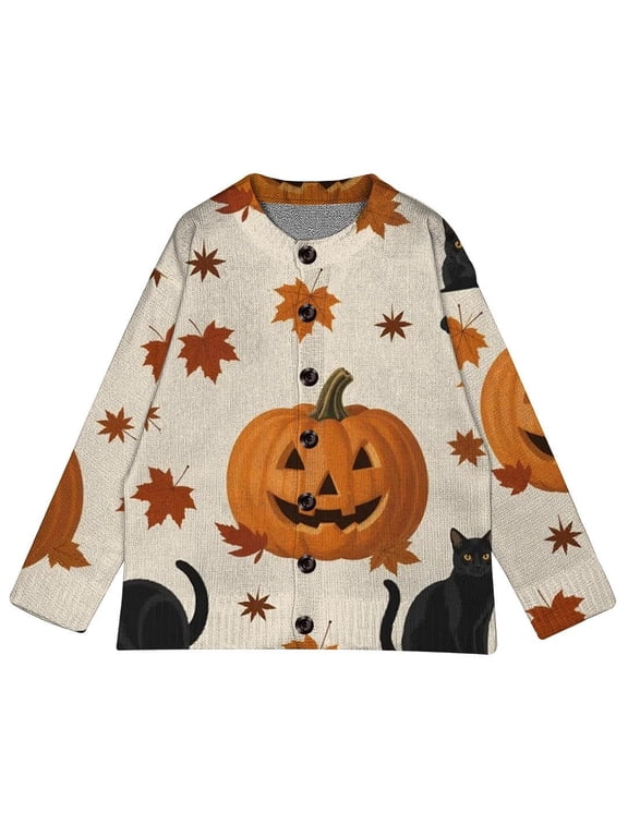 Womens Halloween Sweater Jack O Lantern Cat Graphic Button Up Cardigan Long Sleeves Crew Neck Autumn Leaf Pattern Top
