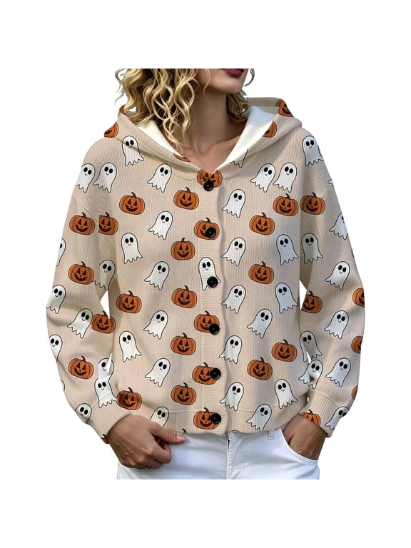Womens Halloween Sweater Jack O Lantern Ghost Pattern Button Up Cardigan Attached Hood Long Sleeves Ribbed Hem Relaxed Top
