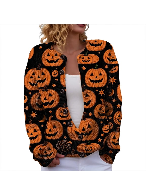 Womens Halloween Sweater Jack O Lantern Pattern Round Neck Button Up Cardigan Long Sleeve Banded Hem Casual Layering Top