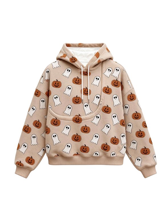 Womens Halloween Sweatshirt Ghost Jack O Lantern Pattern Hoodie Long Sleeve Ribbed Trim Drawstring Large Front Pocket Top