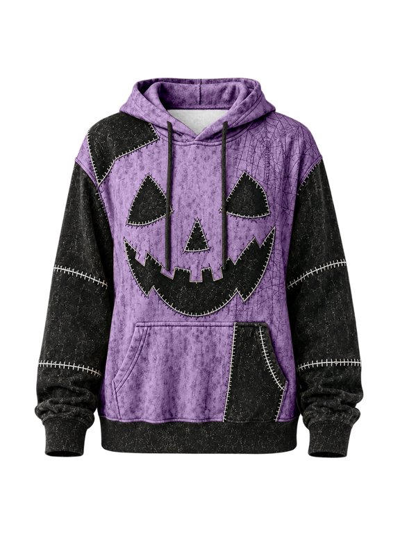 Womens Halloween Sweatshirt Jack O Lantern Graphic Hoodies Stitch Pattern Long Sleeve Front Pouch Drawstring Pullover Top