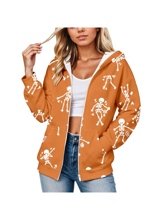Womens Halloween Sweatshirt Skeleton Allover Graphic Zip Front Hoodie Long Sleeve Ribbed Hem With Pockets Relaxed Fit Jacket