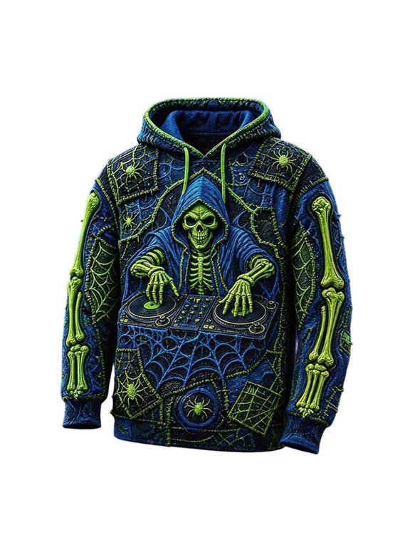 Womens Halloween Sweatshirt Skeleton DJ Print Hoodies Long Sleeves Drawstring Neck Bone Pattern Arms Ribbed Top