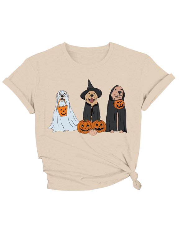 Womens Halloween Tee Dogs In Costumes Jack O Lantern Design Short Sleeve T Shirt Round Neck Relaxed Fit Dog Lover Top