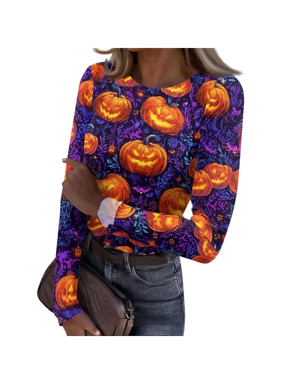 Womens Halloween Tee Jack O Lantern Botanical Graphic Long Sleeve T Shirt Round Neck Ribbed Fitted Casual Fall Top