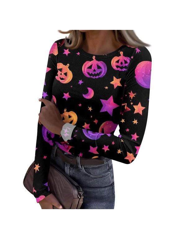 Womens Halloween Tee Jack O Lantern Celestial Graphic Long Sleeve T Shirt Round Neck Ribbed Fitted Casual Party Top