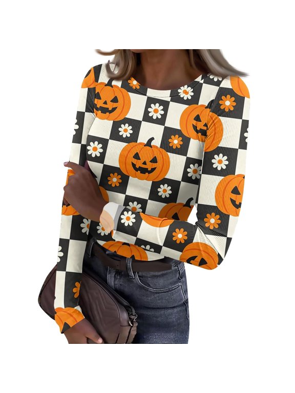 Womens Halloween Tee Jack O Lantern Floral Checkerboard Graphic Long Sleeve T Shirt Crew Neck Ribbed Fitted Casual Top