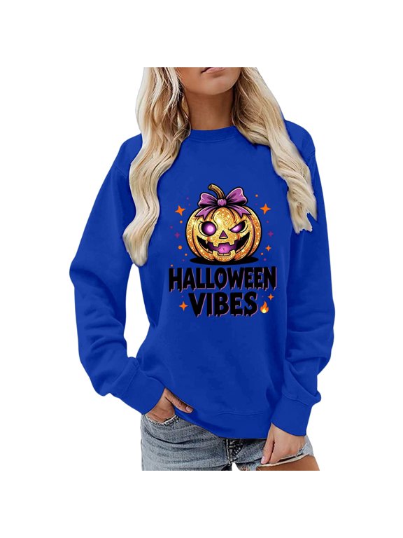 Womens Halloween Vibes Pullover Jack O Lantern Bow Print Crew Neck Sweatshirt Dropped Shoulders Banded Trim Long Sleeve Top
