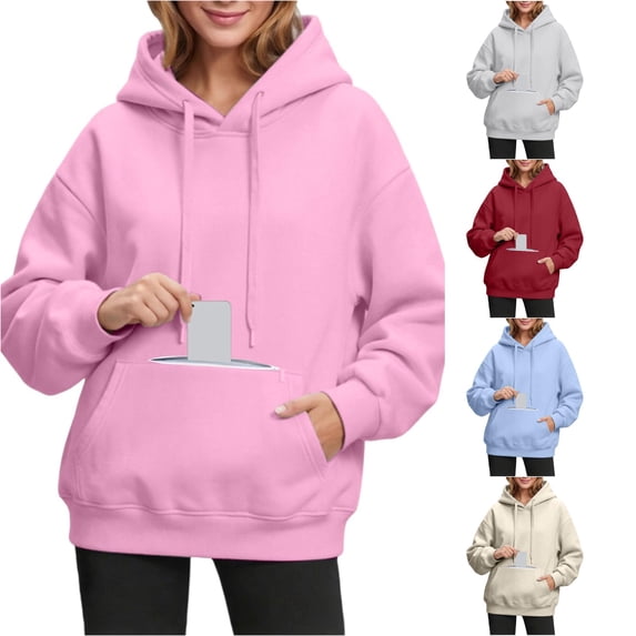Norvella Womens Hidden Zipper Pocket Hoodies Long Sleeve Hooded Sweatshirt Drawstring Kangaroo Pocket Banded Relaxed Fit Casual Pullover Top