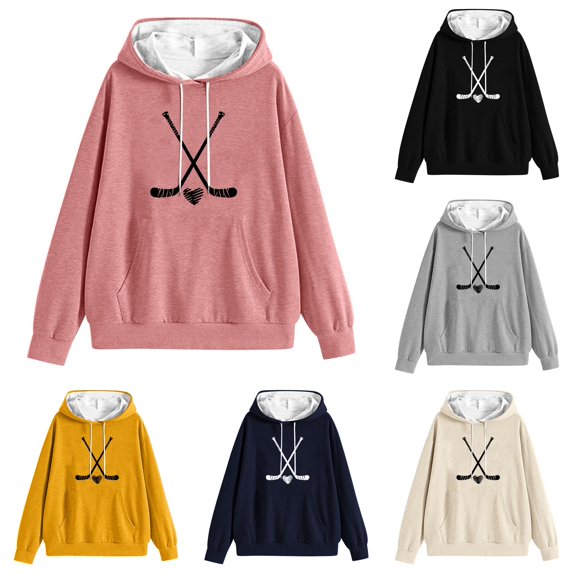 Norvella Womens Hockey Stick Print Hoodies Long Sleeve Hooded Sweatshirt Relaxed Fit Kangaroo Pocket Ribbed Pullover Top
