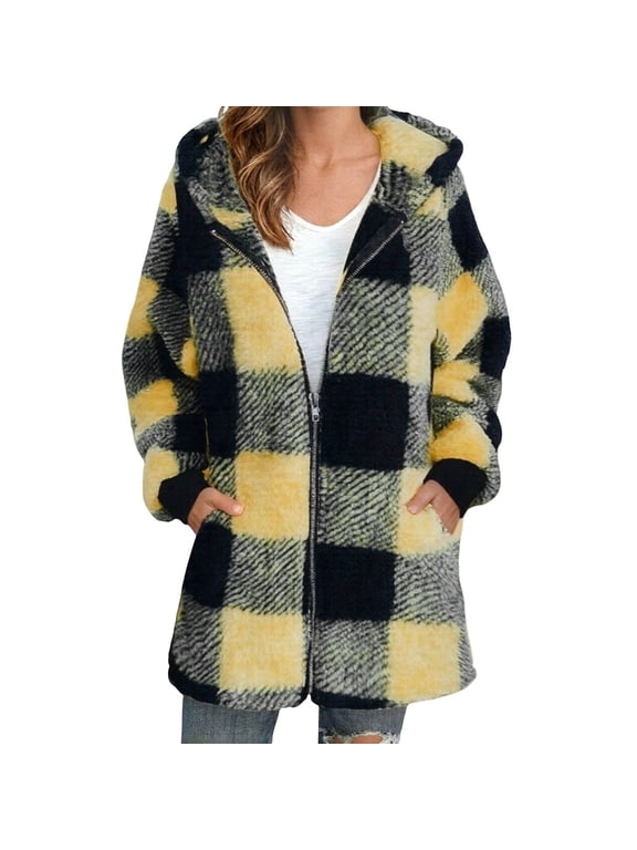 Womens Hooded Jacket Buffalo Plaid Print Long Sleeve Zip Front Patch Pockets Thigh Length Relaxed Fit Casual Winter Coat