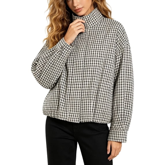 Norvella Womens Houndstooth Sweatshirt Neck Long Sleeve Drawstring Hem Relaxed Fit Pullover Fall Everyday Casual Top