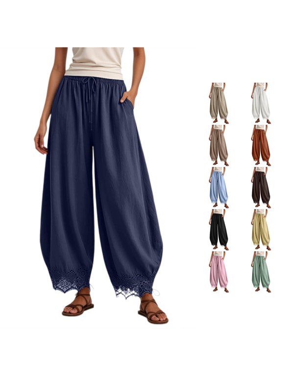 Womens Lace Hem Barrel Pants Elastic Waist Side Pockets Cropped Curved Leg Loose Fit Casual Harem Trousers Bottoms