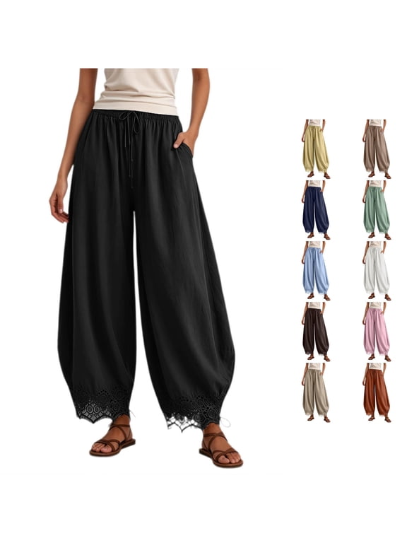 Womens Solid Color Barrel Pants Elastic Waist Curved Leg Ankle Length Lace Hem Relaxed Fit Casual Trousers Pull On Style Bottoms