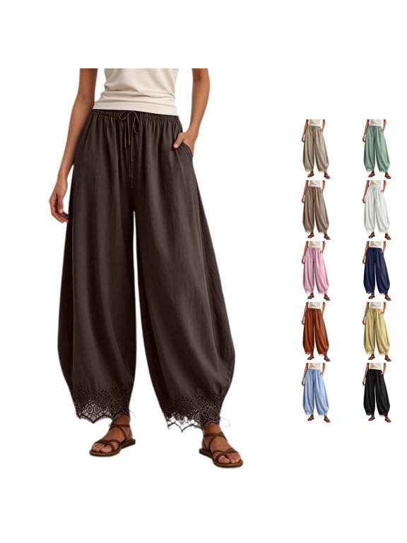Womens Solid Color Barrel Pants Elastic Waist Curved Leg Ankle Length Lace Hem Relaxed Fit Casual Trousers Pull On Style Bottoms