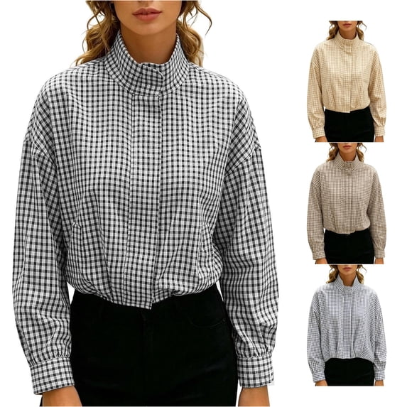 Norvella Womens Mock Neck Sweatshirt Small Check Print Long Sleeve Drawstring Hem Relaxed Fit Pullover Fall Everyday Casual Top