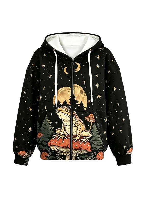 Womens Mushroom Graphic Zip Up Hoodie Drawstring Long Sleeve Kangaroo Pocket Hooded Sweatshirt Casual Fall Jacket