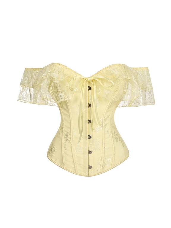 Womens Off Shoulder Corset Top Floral Pattern Lace Ruffle Sleeves Bow Detail Overbust Bustier Front Busk Waist Cincher