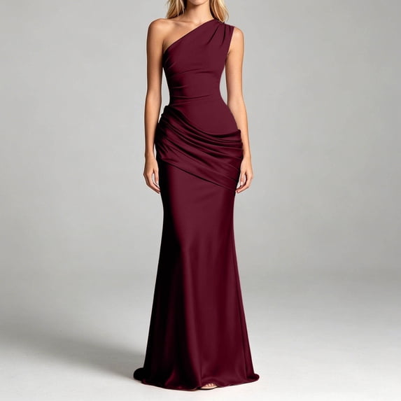 Norvella Womens One Shoulder Gowns Ruched Asymmetric Neck Bodycon Full Length Elegant Formal Party Evening Maxi Dresses