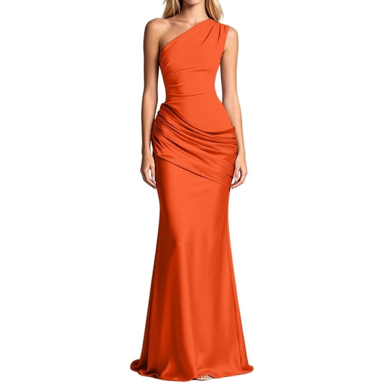 Norvella Womens One Shoulder Maxi Dress Solid Sleeveless Ruched Waist Fitted Bodice Flared Hem Floor Length Formal Evening Gown