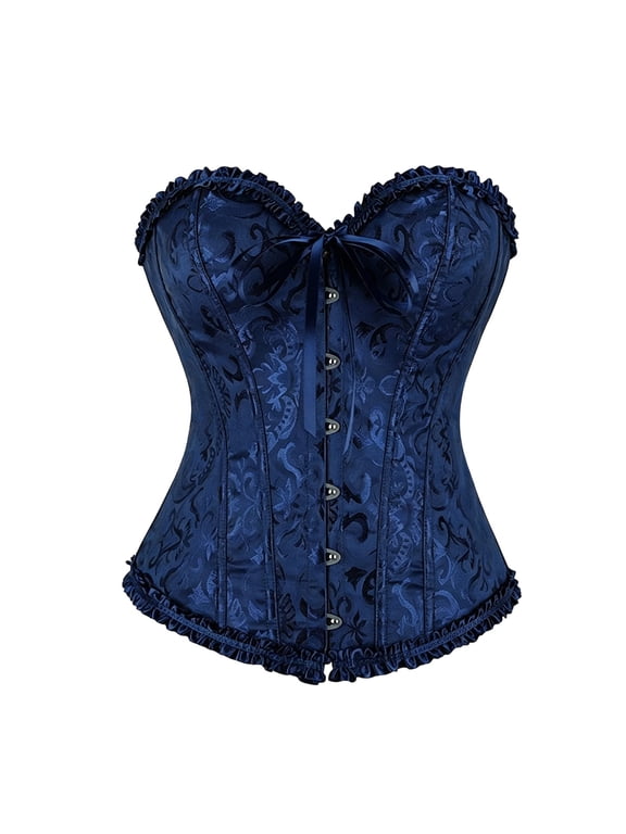 Womens Overbust Corset Sweetheart Neck Strapless Floral Pattern Bustier Front Busk Fastening Ruffle Party